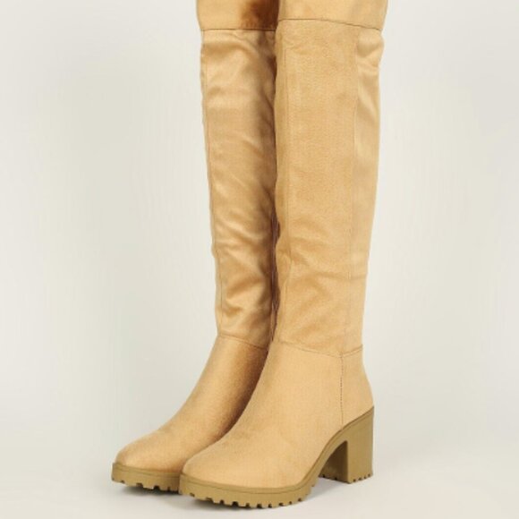 Almond Toe Lug Chunky Heel Over The Knee Boots - Picture 4 of 5